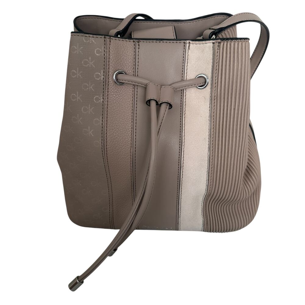 Calvin Klein Gabrianna Bucket Bag Taupe Faux Leather & Suede Shoulder Bag